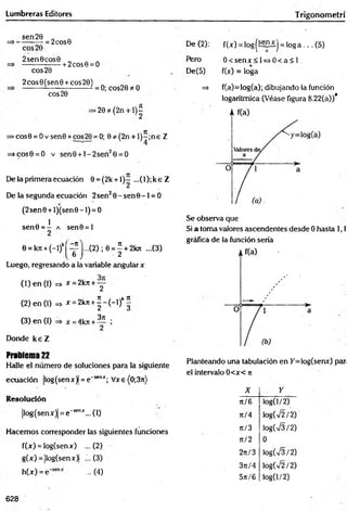 Lumbreras Editores Trigonom etrí
sen26 .
=>---------— = 2cOS0
eos 20
2sen 0eos 0
+ 2cos0 = O
eos 20
2cos0(sen0 + cos20)
eos 20
= 0; eos20 * 0
>20*(2n + l)^
►
cos0 = 0 v sen0 + eos20 = 0; 0 *
■(2n + l)-;n e Z
>cos0 = O v sen0 + l-2 seri20 = O
De la primera ecuación 0 = (2k + l) - ...(l);k eZ
De la segunda ecuación 2sen20 - sen 0 -1 = 0
(2sen0 + l)(sen 0 -l) = O
1
sen0 = - sen0 = l
0 = kjt + (-l)k^ j . . . ( 2 ) ¡0 = 1 + 2101 ...(3)
Luego, regresando a la variable angular x
(1 ) en (l) => x = 2kn + y
(2) en (I) => *=2krr + | - ( - l ) k^
(3) en (I)
Donde k e Z
x =4kn +
37t
Problema 22
Halle el número de soluciones para la siguiente
ecuación |log(senar)| = e 'senx; Vxe (0;3rc)
Resolución
|lpg(senx)j = e 'senx... (1)
Hacemos corresponder las siguientes funciones
f(x) = log(senx) ...(2)
g(x) = |log(senx)| ...(3)
h(x) = e ' ... (4)
De (2): f(x) = log|S?B-íj = loga .>. (5)
Pero 0 < se n x < l= s 0 < a < l
De(5) f(x) = loga
=> f(a)=log(a); dibujando lafunción
logarítmica (Véase figura 8.22(a))*
Se observa que
Si a toma valores ascendentes desde 0 hasta 1,1
gráfica de la función sería
Planteando una tabulación en K=log(senx) par.
el intervalo 0<x< n
X Y
rc/6 •og(l/2)
71/4 log(V2/2)
71/3 logCV3/2)
jc/2 0
2n/3 log(V3/2)
•3ji/4 log(V2/2)
5it/6 lo g a /2)
628
 