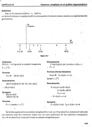 Definición
Sea a e R, entonces (a;0) = a o (a;0)=a
es decir el núm ero com plejo (a;0) le corresponde el núm ero real a; veam os su representación
geom étrica.
CAPÍTULO IX______________________________ Números complejos en el análisis trigonométrico
Eje
Imaginario
E¡e
Real
-2
I
1 2 3 n
I 1
6 8
1

(-2 ;0)
T 1
(i;0) (>c;0)
i
(8;0)
Figura 9-2
Definición Demostración
(0;l)=f, /e s llam ado la unidad imaginaria /2=(0;1).(0;1)=(0-1;0+0)=(-1;0)=
(/ = ^ T ) .-. /2= - 1
Teorema Teorema (form a binómica)
Vre R r(0;l)=(0;r) . Vx,ye R Z =(xy) =x+yi, .
donde i = V^í
Demostración
r(0; 1)=(r;0).(0; 1)=(0 - 0;r + 0) = (0;r) Demostración
.-. r(0;l)=(0;r) Z = (x;y) = (x;0) + (0;y)
Z = (x;0) + y(0;l)
Ejemplos
2(0;1)=(0;2)
Z =x +yi
-3(0;2) = (0;-6) .-. Z = (x;y) = x +yi
Teorema Ejemplos
¡2= - l , donde i =-J-í Z1=(2;3)=2+3/, Z2=(-2;4)=-2+4/
De la forma general de un número complejo (Z-x+ yi), siy=0 se tiene %=x, entonces Z sería solo
-un núm ero real (los núm eros reales son un caso particular de los núm eros com plejos).
Si x=0, se tiene Z=y/, entonces Z sería un número imaginario puro.
643
 