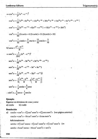 Lumbreras Editores
.cos6* = —(e“ +e-“ f
26
eos6x =— (efc +£
>
e
sue~b
c+15etoe ^ + 20eJ£re-te +1Se^e-4* + 6e“ e-to + e"6'*)
64 *
eos6x =— (e'6*+e~'6x+6(e'4jr + e-4" ) + 15(eí2x+ e-'2*) + 20e°)
64
. 1
cos6x = — (2cos6x + 6 (2cos4x)+15 (2cos2x) + 20)
64
s 1 c 3 . 15 . 5
eos x = — cos6x + — cos4x + — cos2x + -
32 16 32 16
b) senx = -
2i
>sen3x = —-—(e“ - e~“ )3
(2/)*
sen3x = — (e'3r - 3e,2xe-“ +3e“e ^ - e w
3*)
Si
sen3x = —
—(e,3r - e "1' - Se* + 3 e ^ )
Si
sen3x = — (e,3‘ - e i3x - 3(e“ - e “ ))
-8i
3 1
sen x = —
4 2;
e - e
2i
3 1 0 3
sen x = -— sen3x+ - senx
sen3,x = - sen x - - sen 3x
4 4
Ejemplo
Exprese en términos de cosx y senx
a) cos5x b) cos8x
Resolución
a) cos5x = eos5x - C, eos3xsen2x + C3 eos xsen4x (ver página anterior)
eos 5x = eos6x -10 eos3xsen2x + 5cos xsen4x
Adicionalmente
sen5x = Cf eos4xsenx - C3eos2xsen3x + Cf eos0xsensx (ve
sen5x = 5eos4xsenx -10 eos2xsen3x + sen5x
656
 