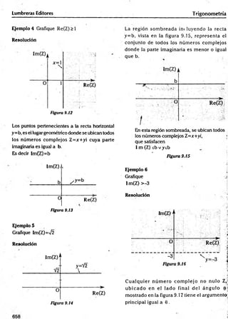 Lumbreras Editores Trigonometría
Ejemplo 4 Grafique Re(Z)>l
Resolución
Figura 9.12
Los puntos pertenecientes a la recta horizontal
y=b, es el lugar geométrico donde se ubican todos
los núm eros com plejos Z=x+yi cuya parte
imaginaria es igual a b
Es decir Im(Z)=b
Im(Z)j
b
i
/ y = b
0 Re(Z)
Figura 9.13
Ejemplo 5
Grafique Im(Z)=V2
Resolución
La región som breada incluyendo la recta
y= b, vista en la figura 9.15, representa el
conjunto de todos los núm eros com plejos
dónde la parte im aginaria es m enor o igual
que b.
En esta región sombreada, se ubican todos
los números complejos Z=jr+yi, ;
que satisfacen
I m (Z) sb vysb
• . .ji
Figura 9.15
■
‘j
Ejemplo 6
Grafique ,s
Im(Z) >-3
Resolución
C u alq u ier n ú m ero co m p lejo no nulo 2,
u b ic a d o en el lad o final d el án g u lo 0 |
m ostrado en la figura 9.17 tiene el argum ento
principal igual a 0 .
Figura 9.14
 
