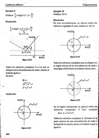 Lumbreras Editores Trigonometría
Ejemplo 9
Grafique -S A rg (Z + 2 -i)< —
3 6
Resolución
|s A rg (Z -(-2 + i ) ) < ^
y ' ~ T T 6
Zo=-2+W-2;l)
Todos los números complejos Z=x+iy que se
ubiquen en la circunferencia de radio r, tienen el
módulo igual a r.
Es decir
Ejemplo 10
Grafique |ZI=3
Resolución
En esta circunferencia, se ubican todos los
números complejos Z cuyo módulo es |Z| =3.
Todos los números complejos que se ubiquen en
la región interna de la circunferencia de radio r
(vea figura 9.25) tienen el módulo menor que r.
Im(Z)/t
!Zl = r
•Jx2+y2 =r
x2+y2= r2
Graficando
■
i
Figura 9.25
En la región som breada se ubican todos los
núm eros com plejos Z que cum plen'
IZkr ó x2+y2< r2
Todos los números complejos Z, ubicados en !a^
parte externa de una circunferencia de radio r,
incluyendo la misma, tienen el módulo mayor o
igual a r.
660
 