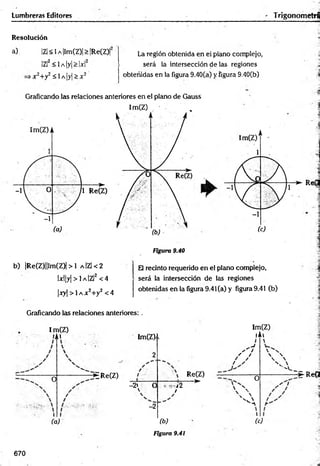Lumbreras Editores TrigonometrÉ
Resolución
a) IZl< 1a |lm(Z)| > [Re(Z)|
¡Z!2 < lA |y |> |x |2
x 2+y2< lA |y |> x 2'
La región obtenida en ei plano complejo,
será la intersección de las regiones
obteñidas en la figura 9.40(a) y figura 9.40(b)
Graficando las relaciones anteriores en el plano de Gauss
Figura 9.40
b) |Re(Z)||lm(Z)| > 1 a |Z |< 2
lx l|y | > 1 a |Z |2 < 4
|x y | > 1 a X 2+ y 2 < 4
Graficando las relaciones anteriores:
Im(Z)
lAt
0
Im(Z)i i
2
-^ERe(Z)
-2» 0

i
(a)
-2
Im(Z)
fAi
¡,j 2
/
Re(Z)
— ►
, ' 1
/ /
/ ✓
l 
O
' A
t
Reí
El recinto requerido en el plano complejo,
será la intersección de las regiones
obtenidas en la figura 9.41 (a) y figura 9.41 (b)
 
s 
V 
"C.__
* : R e ( 2
* i
(b)
Figura 9.41

(c)
670
 