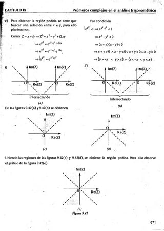 TULO IX Núm eros complejos en el análisis trigonométrico
Para obtener la región pedida se tiene que
buscar una relación entre x e y, para ello
Por condición
lez2|<l=s>e*2' >
’
J <1
planteamos:
Como Z = x + ry => Z2'= x 2- y2+ i2xy =>x2- y 2<0
=>ez2 i2x* =*(x + y )(x -
=*e2i = e’*-y2e l2xyi =>x + y> 0 a
i Z2I x * -  J
=» le I= e y
<
Y
A
w
It
i)  4&n(Z)

O
Alm(Z) /
✓
/
R e (Z ) Re(Z)
Intersectando
(a)
De las figuras 9.42(a) y 9.42(b) se obtienen
Im(Z)
«)
AIm(Z)
O  Re(Z)
✓
Intersectando
(b)
s
✓
o r 7 (z )
Im(Z)
 n Re(Z)

N
(c) (d)
Uniendo las regiones de las figuras 9.42(c) y 9.42(d), se obtiene la región pedida. Para ello observe
el gráfico de la figura 9.42(e)
(e)
Figura 9.42
671
 