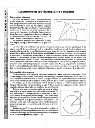 SUR G IM IEN TO DE LOS TÉRMINOS SENO Y TANGENTE
Origen del térm ino seno
Por el año 500, después de n.e., los matemáticos de
la India empezaron a considerar el movimiento de una
recta que gira en sentido contrario al de las manecillas del
reloj alrededor de un punto fijo, y a medir las longitudes
de las semicuerdas o perpendiculares trazadas desde el
extremo de la recta (en diversas posiciones de su
movimiento) alaposición inicial de ella. (Véase laprimera
figura). Esarectase conoce hoy en díacomo radio vector
o “radio movimiento” (del latín: vector, “portador", de
vehor, “muevo"; compárese con “vehículo”).
Por esta razón la longitud de la semicuerda se asoció
a un ángulo, el ángulo determinado por el giro de la
recta.
Los indios dieron el nombre de jva a dicha semicuerda, nombre que en hindú significa cuerda. La
palabra pasó al árabe como¡iba y más tarde se confundió con la palabra árabejgib debido probablemente
aque las palabras en árabe se escribían frecuentemente sin vocalesy por ser iguales las consonantes de
ambas jiba y jaib, es decir jb. Sin embargo, la palabra jaib no tiene relación alguna con la longitud de
la semicuerda ya que significa la abertura en el cuello de una prenda de vestir. Pese a ello, los árabes
tomaron la costumbre de designar a la semicuerda por medio de dicha palabra jaib sin sentido, que
hacía referencia a un “doblez” o “curva". Por ese tiempo, los matemáticos europeos se familiarizaron
con la palabra árabe referente asemicuerda y tradujeron jaib por la palabra slnus que significa “doblez"
o “curva” . Dicho error se ha perpetuado en nuestra palabra seno. Así pues, originalmente el seno de un
ángulo representaba la longitud de la semicuerda de una circunferencia de un radio uno. En nuestros
días, como pronto veremos, cuando hablamos del seno de un ángulo, no hablamos de una longitud.
Origen del térm ino tangente
Como se ha visto, en la mente de los antiguos ya existía la idea de la relación entre la altura de un
poste y la longitud de su sombra. Para rnedir el paso de! tiempo inventaron el reloj de sol de dos tipos: uno
con la varilla vertical de modo que su sombra se proyectara sobre una superficie horizontal; el otro tipo
con su varilla inclinaday sujeta a una pared vertical, de modo que susombra seproyectaba sobre la pared.
No obstante que la relación existente entre la altura de un poste y su sombra se estudió desde los
tiempos más remotos, no fue sino hasta el siglo X d.n.e. cuando los árabes empezaron a estudiar
longitudes análogas relacionadas con el radio de una circunferencia.
Tuvieron que pasar otros cinco siglos para que la palabra
tangente se le asignara a una recta tal como la indicada por TN
en la segunda figura. La tangente a una circunferencia es la recta
que latoca en un solo punto (del latín: tango, “toco"). Una mejor
definición que abarca otras curvas, además de la circunferencia,
es: “ Una tangente es la posición límite de una secante”. Sin
embargo, como aquí sólo estamos considerando tangentes a
circunferencias, por el momento será suficiente la primera
definición.
Supongamos que TN es parte déla tangente alacircunferencia;
ON el radio y OT laprolongación de una recta en movimiento o
radiovector. En el siglo XVI los matemáticos empezaron adesignar
a TN como la tangente del ángulo TON.
|'
j
l
i
i
i
I
I
f
1 ■
1
á
3,
1
*
I
f •
J
 