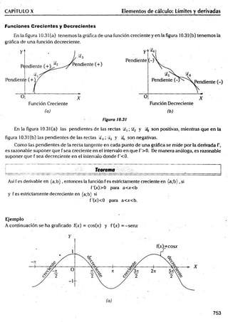 CAPÍTULO X Elementos de cálculo: Límites y derivadas
Funciones C recientes y D ecrecientes
En la figura 10.31(a) tenemos la gráfica de una función creciente y en la figura 10.31(b) tenemos la
gráfica de una función decreciente.
(a) (b)
Figura 10.31
En la figura 10.31 (a) las pendientes de las rectas $£, ; S
£2 y 5^ son positivas, mientras que en la
figura 10.31 Cb) las pendientes de las rectas 5£4; s£5 y % son negativas.
Como las pendientes de la recta tangente en cada punto de una gráfica se mide por la derivada f ,
es razonable suponer que f sea creciente en el intervalo en que f> 0 . De manera análoga, es razonable
suponer que f sea decreciente en el intervalo donde f'<0.
________________________ ' . ;<;H. . Teorema : _ ___________________
Así f es derivable en (a;b), entonces la función f es estrictamente creciente en (a;b ), si
f'(x)>0 para a<x<b
y f es estrictamente decreciente en (a;b) si
f'(x)<0 para a<x<b.
Ejemplo
A continuación se ha graficado f(x) = cos(x) y f'(x) = -senx
753
 