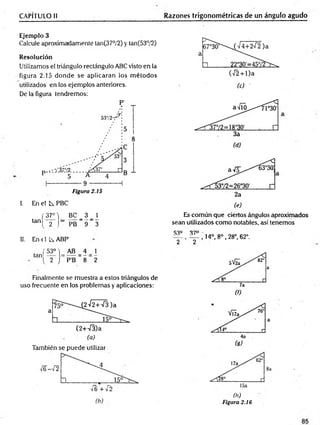 CAPÍTULO II Razones trigonométricas de un ángulo agudo
Ejemplo 3
Calcule aproximadamente tan(37°/2) y tan(53°/2)
Resolución
Utilizamos el triángulo rectángulo ABC visto en la
figura 2.15 donde se aplicaran los m étodos
utilizados en los ejemplos anteriores.
De la figura tendremos:
Figura 2.15
I. En el L PBC
f 37° i BC _ 3 _ 2
,anl 2 J'PB 9 3
II. En ( I Ls. ABP'
tan
(53M AB = 4
^ 2 j P'B 8
1
2
Finalmente se muestra a estos triángulos de
uso frecuente en los problemas y aplicaciones:
(2+-/3)a
(a)
También se puede utilizar
Es común que ciertos ángulos aproximados
sean utilizados como notables, así tenemos
S3° 37°
_ , , 14°, 8o , 28°, 62°.
2 2
■Í6 +i~2
(b)
(h)
Figura 2.16
 