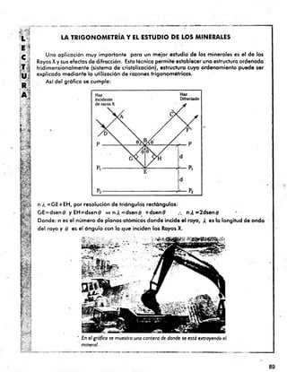 LA TRIG O N O M ETR IA Y EL ESTUDIO DE LOS MINERALES
Una aplicación muy importante para un m ejor estudio de los minerales es el de los
Rayos X y sus efectos de difracción. Esta técnica perm ite establecer una estructura ordenada
tridim ensionalm ente (sistema de cristalización), estructura cuyo ordenamiento puede ser
explicado mediante la utilización de razones trigonométricas.
Así del gráfico se cumple:
n A = GE+EH, por resolución de triángulos rectángulos:
G E=dsen0 yE H = dse n0 r^ n A = d s e n 0 +dsen0 n A = 2 d se n tf
Donde: n es el número de planos atómicos donde incide el rayo, A es la longitud de onda
del rayo y 0 es el ángulo con la que inciden los Rayos X.
En el gráfico se muestra una cantera de donde se está extrayendo el
mineral.
89
 