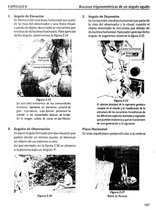 CAPÍTULO II Razones trigonométricas de un ángulo agudo
1. Angulo de Elevación
Se forma entre una línea horizontal que parte
de la vista del observador y una línea visual,
cuando el objeto observado se encuentra por
encima de dicha línea horizontal. Para apreciar
dicho ángulo, observemos la figura 2.54
Figura 2.54
La actividad económica de las comunidades
humanas representa un elemento cultural de
gran importancia, cuya función primoraial es
atender a las necesidades básicas de la vida.
En la imagen, cultivo de cacao en SanMartín.
3. Ángulos de Observación
Es aquel ángulo formado por dos visuales que
parten desde un mismo punto, al observar
un objeto de un extremo a otro.
Así por ejemplo, en la figura 2.56 se observa
a la persona bajo un ángulo 0 .
Figura 2.56
2. Ángulo de Depresión
Se forma entre una línea horizontal que parte de
la vista del observador y la visual, cuando el
objeto observado se encuentra por debajo de
dicha línea horizontal. Para poderapreciardicho
ángulo, le sugerimos observar la figura 2.55
Figura 2.55
E
Jobjetivo principal de la ingeniería genética
consiste en el estudio y la modificación de la
estnjcturade los caracteres hereditarios de
las diferentes especiesanimalesyvegetales
quepueblan elplaneta yque se transmiten
de una generación a la siguiente.
Plano Horizontal
Es todo aquel plano perpendicular a la-vertical.
Figura 2.57
Bahía de Paracas
107
 
