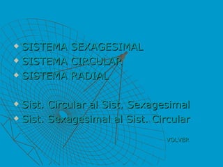VOLVER SISTEMA SEXAGESIMAL SISTEMA CIRCULAR SISTEMA RADIAL Sist. Circular al Sist. Sexagesimal Sist. Sexagesimal al Sist. Circular 