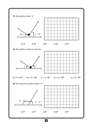 6
7) Del gráfico hallar “x”
a) 15º b) 35º c) 55º d) 30º e) 60º
8) Del gráfico señale lo correcto:
a)  +  = 90º b)  +  = 180º c)  -  = 90º d)  -  = 180º e)  +  = -90º
9) Del siguiente gráfico hallar “x”
a) 31º b) 51º c) 62º d) 60º e) 61º
30º- x x + 10º

(x + 3)º
(9 – 2x)º
 