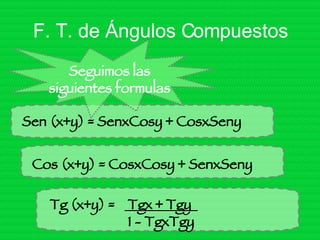 F. T. de Ángulos Compuestos Sen (x+y) = SenxCosy + CosxSeny Cos (x+y) = CosxCosy + SenxSeny Seguimos las siguientes formulas Tg (x+y) =  Tgx + Tgy 1 - TgxTgy 