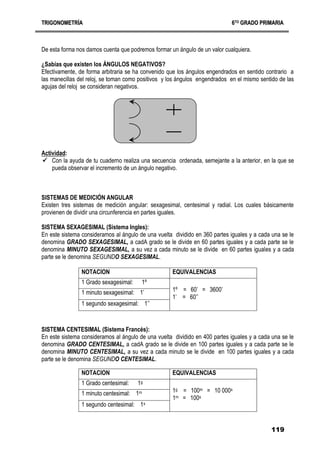 T
TR
RI
IG
GO
ON
NO
OM
ME
ET
TR
RÍ
ÍA
A 6
6T
TO
O
G
GR
RA
AD
DO
O P
PR
RI
IM
MA
AR
RI
IA
A
119
De esta forma nos damos cuenta que podremos formar un ángulo de un valor cualquiera.
¿Sabías que existen los ÁNGULOS NEGATIVOS?
Efectivamente, de forma arbitraria se ha convenido que los ángulos engendrados en sentido contrario a
las manecillas del reloj, se toman como positivos y los ángulos engendrados en el mismo sentido de las
agujas del reloj se consideran negativos.
Actividad:
 Con la ayuda de tu cuaderno realiza una secuencia ordenada, semejante a la anterior, en la que se
pueda observar el incremento de un ángulo negativo.
SISTEMAS DE MEDICIÓN ANGULAR
Existen tres sistemas de medición angular: sexagesimal, centesimal y radial. Los cuales básicamente
provienen de dividir una circunferencia en partes iguales.
SISTEMA SEXAGESIMAL (Sistema Ingles):
En este sistema consideramos al ángulo de una vuelta dividido en 360 partes iguales y a cada una se le
denomina GRADO SEXAGESIMAL, a cadA grado se le divide en 60 partes iguales y a cada parte se le
denomina MINUTO SEXAGESIMAL, a su vez a cada minuto se le divide en 60 partes iguales y a cada
parte se le denomina SEGUNDO SEXAGESIMAL.
NOTACION EQUIVALENCIAS
1 Grado sexagesimal: 1º
1º = 60’ = 3600’
1’ = 60’’
1 minuto sexagesimal: 1’
1 segundo sexagesimal: 1’’
SISTEMA CENTESIMAL (Sistema Francés):
En este sistema consideramos al ángulo de una vuelta dividido en 400 partes iguales y a cada una se le
denomina GRADO CENTESIMAL, a cadA grado se le divide en 100 partes iguales y a cada parte se le
denomina MINUTO CENTESIMAL, a su vez a cada minuto se le divide en 100 partes iguales y a cada
parte se le denomina SEGUNDO CENTESIMAL.
NOTACION EQUIVALENCIAS
1 Grado centesimal: 1g
1g = 100m = 10 000s
1m = 100s
1 minuto centesimal: 1m
1 segundo centesimal: 1s
 