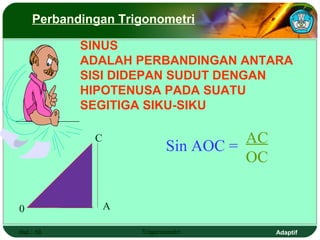 Perbandingan Trigonometri

           SINUS
           ADALAH PERBANDINGAN ANTARA
           SISI DIDEPAN SUDUT DENGAN
           HIPOTENUSA PADA SUATU
           SEGITIGA SIKU-SIKU

             C                        AC
                            Sin AOC =
                                      OC


0                A

Hal.: 10             Trigonometri          Adaptif
 