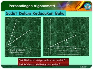 Perbandingan trigonometri

Sudut Dalam Kedudukan Baku
           C                             Y




                          B

                                                                        C


       θ

                                                    θ
  A
                                           A                             B           X
      Sudut θ tidak dlm                            Sudut θ dalam kedudukan baku
      kedudukan baku



               Sisi AB disebut sisi permulaan dari sudut θ
               Sisi AC disebut sisi batas dari sudut θ
Hal.: 13                            Trigonometri                                  Adaptif
 