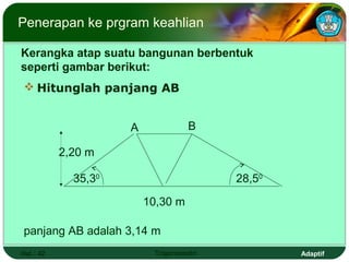Penerapan ke prgram keahlian

Kerangka atap suatu bangunan berbentuk
seperti gambar berikut:
 Hitunglah panjang AB


                     A             B

           2,20 m

             35,30                       28,50

                         10,30 m

panjang AB adalah 3,14 m
Hal.: 42                  Trigonometri           Adaptif
 