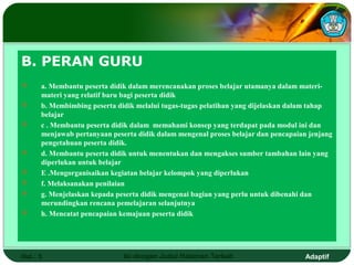 B. PERAN GURU
     a. Membantu peserta didik dalam merencanakan proses belajar utamanya dalam materi-
      materi yang relatif baru bagi peserta didik
     b. Membimbing peserta didik melalui tugas-tugas pelatihan yang dijelaskan dalam tahap
      belajar
     c . Membantu peserta didik dalam memahami konsep yang terdapat pada modul ini dan
      menjawab pertanyaan peserta didik dalam mengenal proses belajar dan pencapaian jenjang
      pengetahuan peserta didik.
     d. Membantu peserta didik untuk menentukan dan mengakses sumber tambahan lain yang
      diperlukan untuk belajar
     E .Mengorganisaikan kegiatan belajar kelompok yang diperlukan
     f. Melaksanakan penilaian
     g. Menjelaskan kepada peserta didik mengenai bagian yang perlu untuk dibenahi dan
      merundingkan rencana pemelajaran selanjutnya
     h. Mencatat pencapaian kemajuan peserta didik




Hal.: 5                       Isi dengan Judul Halaman Terkait                      Adaptif
 
