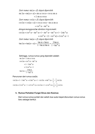 Sehingga, rumus-rumus yang diperoleh adalah:

Penurunan dari rumus cos2α:

h. Rumus Perkalian Fungsi Sinus dan Kosinus
Dari rumus-rumus jumlah dan selisih dua sudut dapat diturunkan rumus-rumus
baru sebagai berikut:

 