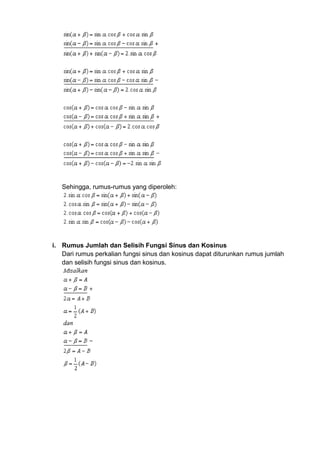 Sehingga, rumus-rumus yang diperoleh:

i. Rumus Jumlah dan Selisih Fungsi Sinus dan Kosinus
Dari rumus perkalian fungsi sinus dan kosinus dapat diturunkan rumus jumlah
dan selisih fungsi sinus dan kosinus.

 