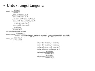 • Untuk fungsi tangens: 
Sehingga, rumus-rumus yang diperoleh adalah: 
 