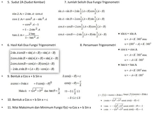 • 5. Sudut 2A (Sudut Kembar) 7. Jumlah Selisih Dua Fungsi Trigonometri 
• 6. Hasil Kali Dua Fungsi Trigonometri 8. Persamaan Trigonometri 
• 9. Bentuk a Cos x + b Sin x 
• 10. Bentuk a Cos x + b Sin x = c 
• 11. Nilai Maksimum dan Minimum Fungsi f(x) =a Cos x + b Sin x 
 