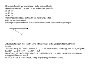 Mengubah fungsi trigonometri suatu sudut ke sudut lancip 
Jika menggunakan 90 ± a atau 270 ± a maka fungsi berubah: 
sin ↔ cos 
tan ↔ cot 
sec ↔ csc 
Jika menggunakan 180 ± a atau 360 ± a maka fungsi tetap 
Sudut dengan nilai negatif 
Nilai negatif diperoleh karena sudut dibuat dari sumbu x, diputar searah jarum jam 
Untuk sudut dengan nilai negatif, sama artinya dengan sudut yang berada di kuadran IV 
Contoh: 
Cos 120º = cos (180 – 60)º = – cos 60º = – 1/2 (120º ada di kuadran II sehingga nilai cos-nya negatif) 
Cos 120º = cos (90 + 30)º = – sin 30º = – 1/2 
Tan 1305º = tan (3.360 + 225)º = tan 225º = tan (180 + 45)º = tan 45º = 1 (225º ada di kuadran III 
sehingga nilai tan-nya positif) 
Sin –315º = – sin 315º = – sin (360 – 45)º = –(– sin 45)º = sin 45º = 1/2 √2 
 