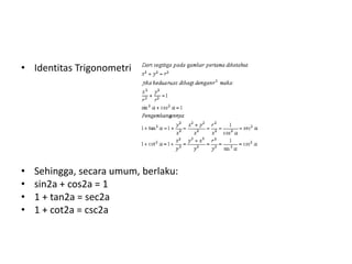• Identitas Trigonometri 
• Sehingga, secara umum, berlaku: 
• sin2a + cos2a = 1 
• 1 + tan2a = sec2a 
• 1 + cot2a = csc2a 
 
