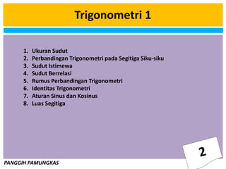PANGGIH PAMUNGKAS
Trigonometri 1
1. Ukuran Sudut
2. Perbandingan Trigonometri pada Segitiga Siku-siku
3. Sudut Istimewa
4. Sudut Berrelasi
5. Rumus Perbandingan Trigonometri
6. Identitas Trigonometri
7. Aturan Sinus dan Kosinus
8. Luas Segitiga
 