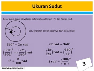 PANGGIH PAMUNGKAS
Ukuran Sudut
Besar sudut dapat dinyatakan dalam satuan Derajat ( o ) dan Radian (rad)
Satu lingkaran penuh besarnya 360o atau 2π rad
r
 