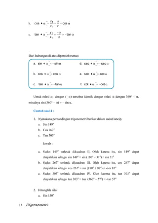 17 Trigonometri
b. coscos
1
1
r
x
r
x
c. tantan
1
1
x
y
x
y
Dari hubungan di atas diperoleh rumus:
Untuk relasi dengan (- ) tersebut identik dengan relasi dengan 360 ,
misalnya sin (360 ) sin .
Contoh soal 4 :
1. Nyatakana perbandingan trigonometri berikut dalam sudut lancip.
a. Sin 149o
b. Cos 267o
c. Tan 303o
Jawab :
a. Sudut 149o
terletak dikuadran II. Oleh karena itu, sin 149o
dapat
dinyatakan sebagai sin 149o
= sin (180o
– 31o
) = sin 31o
b. Sudut 267o
terletak dikuadran III. Oleh karena itu, cos 267o
dapat
dinyatakan sebagai cos 267o
= sin (180o
+ 87o
) = -cos 87o
c. Sudut 303o
terletak dikuadran IV. Oleh karena itu, tan 303o
dapat
dinyatakan sebagai tan 303o
= tan (360o
– 57o
) = -tan 57o
2. Hitunglah nilai
a. Sin 150o
a. sinsin d. csccsc
b. coscos e. secsec
c. tantan f. cotcot
 