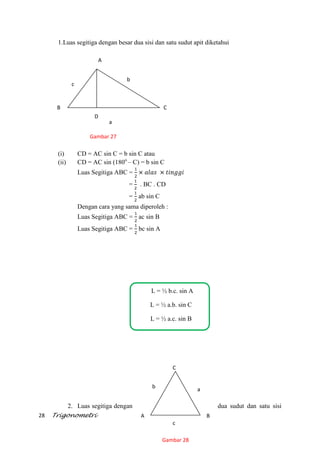 28 Trigonometri
L = ½ b.c. sin A
L = ½ a.b. sin C
L = ½ a.c. sin B
C
b
a
c
A B
Gambar 28
1.Luas segitiga dengan besar dua sisi dan satu sudut apit diketahui
(i) CD = AC sin C = b sin C atau
(ii) CD = AC sin (180o
– C) = b sin C
Luas Segitiga ABC =
= . BC . CD
= ab sin C
Dengan cara yang sama diperoleh :
Luas Segitiga ABC = ac sin B
Luas Segitiga ABC = bc sin A
2. Luas segitiga dengan dua sudut dan satu sisi
B C
A
b
c
a
D
Gambar 27
 