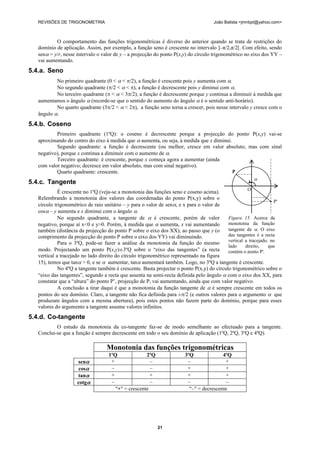 REVISÕES DE TRIGONOMETRIA                                                         João Batista <jmnbpt@yahoo.com>



           O comportamento das funções trigonométricas é diverso do anterior quando se trata de restrições do
   domínio de aplicação. Assim, por exemplo, a função seno é crescente no intervalo ]–π/2,π/2[. Com efeito, sendo
   sen = y/r, nesse intervalo o valor de y – a projecção do ponto P(x,y) do círculo trigonométrico no eixo dos YY –
   vai aumentando.
5.4.a. Seno
           No primeiro quadrante (0 <  < /2), a função é crescente pois y aumenta com .
           No segundo quadrante (/2 <  < ), a função é decrescente pois y diminui com .
           No terceiro quadrante ( <  < 3), a função é decrescente porque y continua a diminuir à medida que
   aumentamos o ângulo  (recorde-se que o sentido do aumento do ângulo  é o sentido anti-horário).
           No quarto quadrante (3/2 <  < 2), a função seno torna a crescer, pois nesse intervalo y cresce com o
   ângulo .
5.4.b. Coseno
           Primeiro quadrante (1ºQ): o coseno é decrescente porque a projecção do ponto P(x,y) vai-se
   aproximando do centro do eixo à medida que  aumenta, ou seja, à medida que x diminui.
           Segundo quadrante: a função é decrescente (ou melhor, cresce em valor absoluto, mas com sinal
   negativo), porque x continua a diminuir com o aumento de .
           Terceiro quadrante: é crescente, porque x começa agora a aumentar (ainda
   com valor negativo; decresce em valor absoluto, mas com sinal negativo).
           Quarto quadrante: crescente.                                                   P
                                                                                                       
5.4.c. Tangente
                                                                                                     O
             É crescente no 1ºQ (veja-se a monotonia das funções seno e coseno acima).
   Relembrando a monotonia dos valores das coordenadas do ponto P(x,y) sobre o
                                                                                                                   P'
   círculo trigonométrico de raio unitário – y para o valor de sen, e x para o valor de
   cos – y aumenta e x diminui com o ângulo .
             No segundo quadrante, a tangente de  é crescente, porém de valor             Figura 15. Acerca da
   negativo, porque aí x<0 e y>0. Porém, à medida que  aumenta, x vai aumentando          monotonia da função
   também (distância da projecção do ponto P sobre o eixo dos XX), ao passo que y (o       tangente de . O eixo
   comprimento da projecção do ponto P sobre o eixo dos YY) vai diminuindo.                das tangentes é a recta
                                                                                           vertical a tracejado, no
             Para o 3ºQ, pode-se fazer a análise da monotonia da função do mesmo
                                                                                           lado     direito,    que
   modo. Projectando um ponto P(x,y)3ºQ sobre o ―eixo das tangentes‖ (a recta             contém o ponto P'.
   vertical a tracejado no lado direito do círculo trigonométrico representado na figura
   15), temos que tan > 0, e se  aumentar, tan aumentará também. Logo, no 3ºQ a tangente é crescente.
             No 4ºQ a tangente também é crescente. Basta projectar o ponto P(x,y) do círculo trigonométrico sobre o
   ―eixo das tangentes‖, segundo a recta que assenta na semi-recta definida pelo ângulo  com o eixo dos XX, para
   constatar que a ―altura‖ do ponto P’, projecção de P, vai aumentando, ainda que com valor negativo.
             A conclusão a tirar daqui é que a monotonia da função tangente de  é sempre crescente em todos os
   pontos do seu domínio. Claro, a tangente não fica definida para ±/2 (e outros valores para o argumento  que
   produzam ângulos com a mesma abertura), pois estes pontos não fazem parte do domínio, porque para esses
   valores do argumento a tangente assume valores infinitos.
5.4.d. Co-tangente
           O estudo da monotonia da co-tangente faz-se de modo semelhante ao efectuado para a tangente.
   Conclui-se que a função é sempre decrescente em todo o seu domínio de aplicação (1ºQ, 2ºQ, 3ºQ e 4ºQ).

                                   Monotonia das funções trigonométricas
                                   1ºQ              2ºQ                3ºQ              4ºQ
                     sen           +                 –                 –                +
                      cos          –                 –                 +                +
                     tan           +                 +                 +                +
                     cotg          –                 –                 –                 –
                                      "+" = crescente                    "–" = decrescente




                                                          21
 