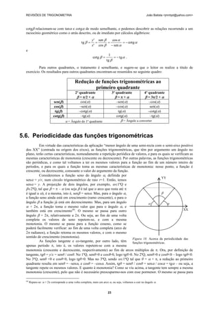 REVISÕES DE TRIGONOMETRIA                                                                             João Batista <jmnbpt@yahoo.com>



  cotg relacionam-se com tan e cotg de modo semelhante, e podemos descobrir as relações recorrendo a um
  raciocínio geométrico como o atrás descrito, ou de imediato por cálculos algébricos:
                                                            y' sen    cos 
                                                   tg                      cotg 
                                                            x' cos   sen 
  e
                                                                         1
                                                            cotg            tg  .
                                                                       tg 

           Para outros quadrantes, o tratamento é semelhante, e sugere-se que o leitor os realize a título de
  exercício. Os resultados para outros quadrantes encontram-se resumidos no seguinte quadro:

                                             Redução de funções trigonométricas ao
                                                     primeiro quadrante
                                              2º quadrante                    3º quadrante             4º quadrante
                                                = /2 +                       =+                   = 3/2 + 
                           sen( )                cos()                         –sen()                  –cos()
                            cos( )              –sen()                         –cos()                   sen()
                             tg( )              –cotg()                         tg()                   –cotg()
                           cotg( )               –tg()                         cotg()                   –tg()
                                       = Ângulo do 1º quadrante                    = Ângulo a converter



5.6. Periodicidade das funções trigonométricas
           Em virtude das características da aplicação ―menor ângulo de uma semi-recta com o semi-eixo positivo
  dos XX‖ (centrada na origem dos eixos), as funções trigonométricas, que têm por argumento um ângulo no
  plano, terão certas características, nomeadamente a repetição periódica de valores, e para os quais se verificam as
  mesmas características de monotonia (crescente ou decrescente). Por outras palavras, as funções trigonométricas
  são periódicas, e como tal voltamos a ter os mesmos valores para a função ao fim de um número inteiro de
  períodos, e para os quais a função toma as mesmas características de monotonia: nesse ponto, a função é
  crescente, ou decrescente, consoante o valor do argumento da função.
           Consideremos a função seno do ângulo , definida por
                                                                                                YY
  sen = y/r, num círculo trigonométrico de raio r=1. Então, temos
  sen= y. A projecção de dois ângulos, por exemplo, 1ºQ e
  2ºQ, tal que  =  –  (ou seja  é tal que o arco que resta até 
  é igual a ), é a mesma, isto é, sen = sen. Mas, para o ângulo ,                           
  a função seno ainda está em crescimento (ramo crescente), e para o
  ângulo  a função já está em decrescimento. Mas, para um ângulo                                  
   + 2, a função toma o mesmo valor que para o ângulo , e
                                   (8)
  também está em crescimento . O mesmo se passa para outro                                                     XX
  ângulo  + 2, relativamente a 2. Ou seja, ao fim de uma volta
  completa os valores de seno repetem-se, e com a mesma
  monotonia. O mesmo se passa para a função coseno, como se
  poderá facilmente verificar: ao fim de uma volta completa (arco de
  2 radianos), a função retoma os mesmos valores, e com o mesmo
  sentido de crescimento (monotonia).
                                                                           Figura 18. Acerca da periodicidade das
           As funções tangente e co-tangente, por outro lado, têm          funções trigonométricas.
  apenas período , isto é, os valores repetem-se com a mesma
  monotonia (crescente e decrescente, respectivamente) ao fim de arcos múltiplos de . Ora, por definição de
  tangente, tgθ = y/x = senθ / cosθ. No 1ºQ, senθ>0 e cos>0, logo tgθ>0. No 2ºQ, senθ>0 e cosθ<0 – logo tgθ<0.
  No 3ºQ, senθ <0 e cosθ<0, logo tgθ>0. Mas no 3ºQ, sendo 1ºQ tal que θ =  + , a redução ao primeiro
  quadrante resulta em senθ = –sen e cosθ = –cos. Assim, tgθ = senθ / cosθ = sen / cos = tg – ou seja, a
  tangente repete os mesmos valores. E quanto à monotonia? Como se viu acima, a tangente tem sempre a mesma
  monotonia (crescente), pelo que não é necessário preocuparmo-nos com esse pormenor. O mesmo se passa para

  (8)
        Repare-se:  + 2 corresponde a uma volta completa, mais um arco , ou seja, voltamos a cair no ângulo .


                                                                         23
 