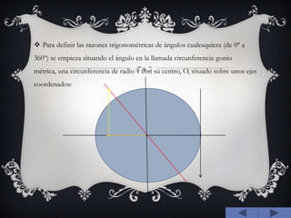 Para definir las razones trigonométricas de ángulos cualesquiera (de 0º a 360º) se empieza situando el ángulo en la llamada circunferencia gonio métrica, una circunferencia de radio 1 con su centro, O, situado sobre unos ejes coordenados: