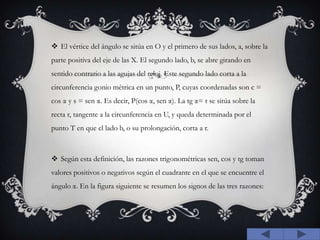 El vértice del ángulo se sitúa en O y el primero de sus lados, a, sobre la parte positiva del eje de las X. El segundo lado, b, se abre girando en sentido contrario a las agujas del reloj. Este segundo lado corta a la circunferencia gonio métrica en un punto, P, cuyas coordenadas son c = cos α y s = sen α. Es decir, P(cos α, sen α). La tg α= t se sitúa sobre la recta r, tangente a la circunferencia en U, y queda determinada por el punto T en que el lado b, o su prolongación, corta a r.Según esta definición, las razones trigonométricas sen, cos y tg toman valores positivos o negativos según el cuadrante en el que se encuentre el ángulo α. En la figura siguiente se resumen los signos de las tres razones: 