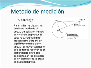 Método de medición PARALELAJE Para hallar las distancias estelares mediante el ángulo de paralaje, hemos de elegir un segmento de base lo suficientemente grande como para medir significativamente dicho ángulo. El mayor segmento que podemos recorrer es el comprendido entre dos posiciones en los extremos de un diámetro de la órbita de nuestro planeta.  