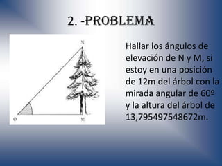 2. -problema
       Hallar los ángulos de
       elevación de N y M, si
       estoy en una posición
       de 12m del árbol con la
       mirada angular de 60º
       y la altura del árbol de
       13,795497548672m.
 