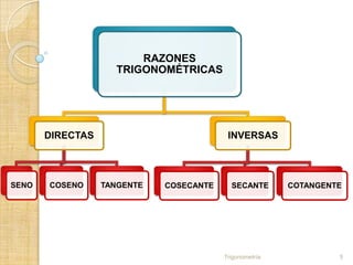 RAZONES
                    TRIGONOMÉTRICAS




       DIRECTAS                           INVERSAS




SENO   COSENO     TANGENTE   COSECANTE     SECANTE       COTANGENTE




                                         Trigonometría            5
 