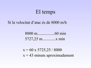 El temps Si la velocitat d’atac és de 8000 m/h 8000 m.................60 min   5727,25 m.............x min x = 60 x 5725,25 / 8000 x = 43 minuts aproximadament 