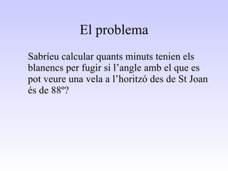 El problema Sabríeu calcular quants minuts tenien els blanencs per fugir si l’angle amb el que es pot veure una vela a l’horitzó des de St Joan és de 88º? 