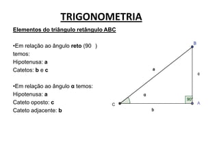 TRIGONOMETRIA
Elementos do triângulo retângulo ABC

•Em relação ao ângulo reto (90 )
temos:
Hipotenusa: a
Catetos: b e c

•Em relação ao ângulo α temos:
Hipotenusa: a
Cateto oposto: c
Cateto adjacente: b
 