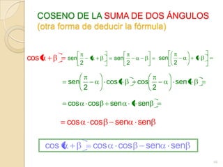 COSENO DE LA SUMA DE DOS ÁNGULOS
  (otra forma de deducir la fórmula)


cos         sen                   sen                 sen
                  2                     2                   2


            sen                 cos         cos             sen
                      2                           2

            cos           cos    sen        sen

            cos           cos     sen       sen

      cos                  cos        cos     sen           sen
                                                                  68
 