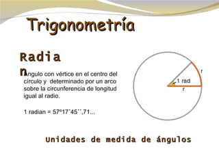 Trigonometría Unidades de medida de ángulos Radian Ángulo con vértice en el centro del círculo y  determinado por un arco sobre la circunferencia de longitud igual al radio. 1 radian = 57º17 ´ 45 ´´ ,71... 