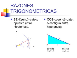 RAZONES
TRIGONOMETRICAS
   SEN(seno)=cateto      COS(coseno)=catet
    opuesto entre          o contiguo entre
    hipotenusa.            hipotenusa.
 
