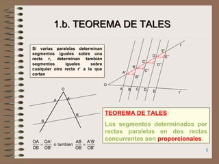 6
Si varias paralelas determinan
segmentos iguales sobre una
recta r, determinan también
segmentos iguales sobre
cualquier otra recta r’ a la que
corten
Si varias paralelas determinan
segmentos iguales sobre una
recta r, determinan también
segmentos iguales sobre
cualquier otra recta r’ a la que
corten
TEOREMA DE TALES:
Los segmentos determinados por
rectas paralelas en dos rectas
concurrentes son proporcionales.
TEOREMA DE TALES:
Los segmentos determinados por
rectas paralelas en dos rectas
concurrentes son proporcionales.
O
A’A
B’
B
'OB
'B'A
OB
AB
tambieno
'OB
'OA
OB
OA
==
1.b. TEOREMA DE TALES1.b. TEOREMA DE TALES
O
A’
A
B’
B
C’
D’
E’
EDC
B’’
C’’
D’’
E’’
r
r’
 