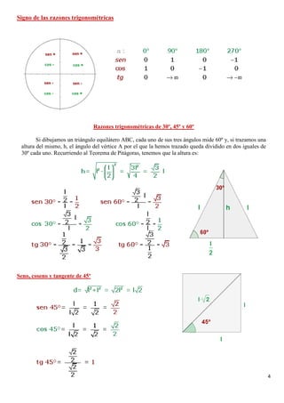 4
Signo de las razones trigonométricas
Razones trigonométricas de 30º, 45º y 60º
Si dibujamos un triángulo equilátero ABC, cada uno de sus tres ángulos mide 60º y, si trazamos una
altura del mismo, h, el ángulo del vértice A por el que la hemos trazado queda dividido en dos iguales de
30º cada uno. Recurriendo al Teorema de Pitágoras, tenemos que la altura es:
Seno, coseno y tangente de 45º
 