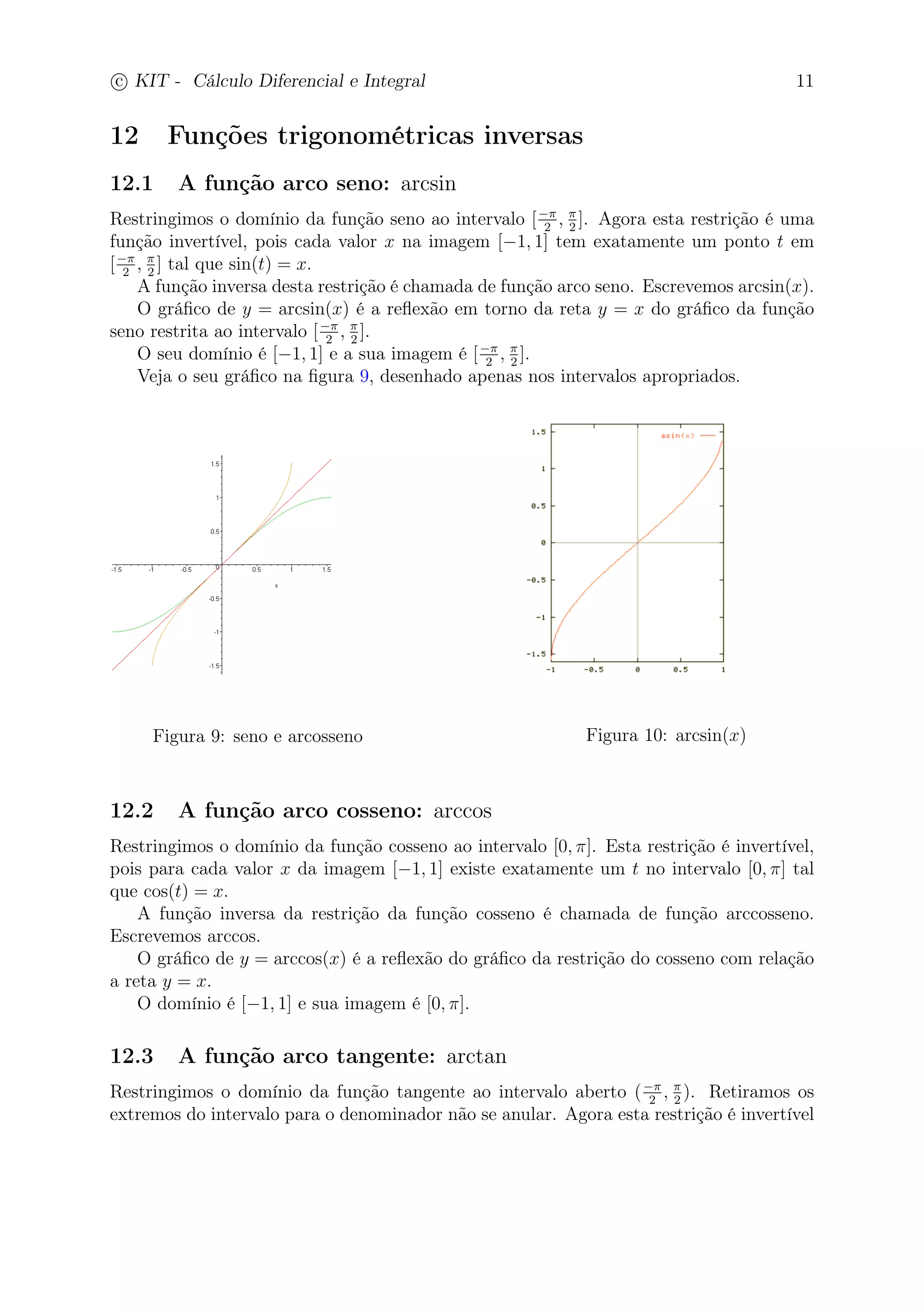 c
 
KIT - Cálculo Diferencial e Integral 11 
12 Funções trigonométricas inversas 
12.1 A função arco seno: arcsin 
Restringimos o domínio da função seno ao intervalo [− 
2 ,  
2 ]. Agora esta restrição é uma 
função invertível, pois cada valor x na imagem [−1, 1] tem exatamente um ponto t em 
[− 
2 ,  
2 ] tal que sin(t) = x. 
A função inversa desta restrição é chamada de função arco seno. Escrevemos arcsin(x). 
O gráfico de y = arcsin(x) é a reflexão em torno da reta y = x do gráfico da função 
seno restrita ao intervalo [− 
2 ,  
2 ]. 
O seu domínio é [−1, 1] e a sua imagem é [− 
2 ,  
2 ]. 
Veja o seu gráfico na figura 9, desenhado apenas nos intervalos apropriados. 
Figura 9: seno e arcosseno Figura 10: arcsin(x) 
12.2 A função arco cosseno: arccos 
Restringimos o domínio da função cosseno ao intervalo [0, ]. Esta restrição é invertível, 
pois para cada valor x da imagem [−1, 1] existe exatamente um t no intervalo [0, ] tal 
que cos(t) = x. 
A função inversa da restrição da função cosseno é chamada de função arccosseno. 
Escrevemos arccos. 
O gráfico de y = arccos(x) é a reflexão do gráfico da restrição do cosseno com relação 
a reta y = x. 
O domínio é [−1, 1] e sua imagem é [0, ]. 
12.3 A função arco tangente: arctan 
Restringimos o domínio da função tangente ao intervalo aberto (− 
2 ,  
2 ). Retiramos os 
extremos do intervalo para o denominador não se anular. Agora esta restrição é invertível 
 