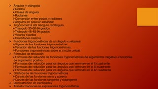  Ángulos y triángulos
Grados
Clases de ángulos
Radianes
Conversión entre grados y radianes
Ángulos en posición estándar
 Trigonometría del triángulo rectángulo
Triangulo 30-60-90 grados
Triángulo 45-45-90 grados
Valores exactos
Identidades básicas
 Funciones trigonométricas de un ángulo cualquiera
Signos de las funciones trigonométricas
Variación de las funciones trigonométricas
Funciones trigonométricas sobre el círculo unidad
 Fórmulas de reducción
Formulas de reducción de funciones trigonométricas de argumentos negativo a funciones
de argumento positivo.
Formulas de reducción para los ángulos que terminan en el II cuadrante
Fórmulas de reducción para los ángulos que terminan en el III cuadrante
Fórmulas de reducción para los ángulos que terminan en el IV cuadrante
 Gráficos de las funciones trigonométricas
Curvas de las funciones seno y coseno
Curvas de las funciones tangente y cotangente
 Demostración de identidades
 Transformaciones de expresiones trigonométricas
 