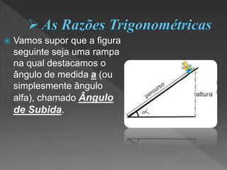  Vamos supor que a figura
seguinte seja uma rampa
na qual destacamos o
ângulo de medida a (ou
simplesmente ângulo
alfa), chamado Ângulo
de Subida.
 