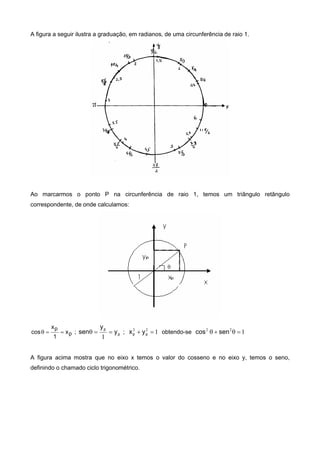 A figura a seguir ilustra a graduação, em radianos, de uma circunferência de raio 1.
Ao marcarmos o ponto P na circunferência de raio 1, temos um triângulo retângulo
correspondente, de onde calculamos:
p
p
x
1
x
cos  ; p
p
y
y
sen 
1
; 122
 pp yx obtendo-se 122
 sencos
A figura acima mostra que no eixo x temos o valor do cosseno e no eixo y, temos o seno,
definindo o chamado ciclo trigonométrico.
 