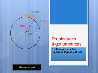 Propiedades
trigonométricas
Explicaciones de las
funciones trigonométricas
Menú principal
 